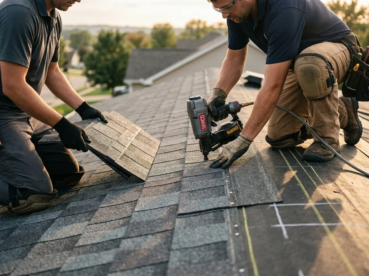 Professional roofer working on a residential roof in Washington Court House